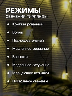 Гирлянда «Сеть» 1.6x1.6 м, IP20, тёмная нить, 144 LED, свечение тёплое белое, 8 режимов, 220 В