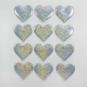Сердечки декоративные, набор 12 шт., размер 1 шт: 6,5-6 см, цвет серебристый