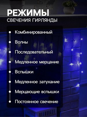 Гирлянда «Бахрома» 3x0.5 м, IP20, тёмная нить, 80 LED, свечение синее, 8 режимов, 220 В