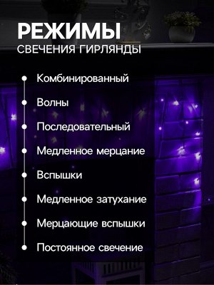 Гирлянда «Бахрома» 3x0.5 м, IP20, тёмная нить, 80 LED, свечение фиолетовое, 8 режимов, 220 В
