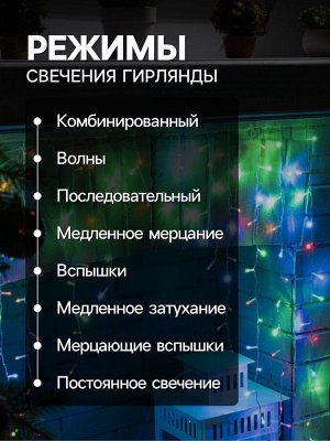 Гирлянда «Бахрома-арка» 1x1 м, IP20, прозрачная нить, 126 LED, свечение мульти, 8 режимов, 220 В