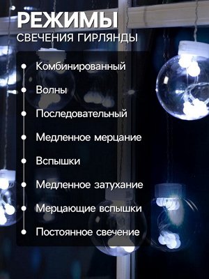 Гирлянда «Бахрома» 2.4x0.7 м с насадками «Шарики», IP20, прозрачная нить, 108 LED, свечение белое, 8 режимов, 220 В