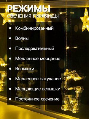 Гирлянда «Бахрома» 2.4x0.9 м с насадками «Олень», IP20, прозрачная нить, 138 LED, свечение тёплое белое, 8 режимов, 220 В