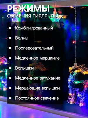 Гирлянда «Бахрома» 2.4x0.9 м с насадками «Олень», IP20, прозрачная нить, 138 LED, свечение мульти, 8 режимов, 220 В