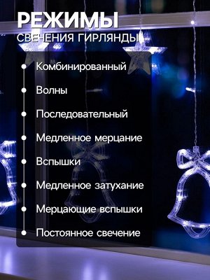 Гирлянда «Бахрома» 2.4x0.9 м с насадками «Колокольчики», IP20, прозрачная нить, 138 LED, свечение белое, 8 режимов, 220 В