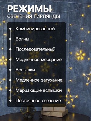 Гирлянда «Бахрома» 2.4x0.9 м с насадками «Звёзды», IP20, прозрачная нить, 138 LED, свечение тёплое белое, 8 режимов, 220 В