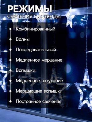 Гирлянда «Бахрома» 2.4x0.9 м с насадками «Звёзды», IP20, прозрачная нить, 138 LED, свечение белое, 8 режимов, 220 В