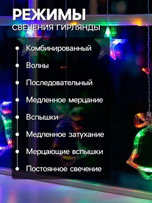 Гирлянда «Бахрома» 2.4x0.9 м с насадками «Колокольчики», IP20, прозрачная нить, 138 LED, свечение мульти, 8 режимов, 220 В
