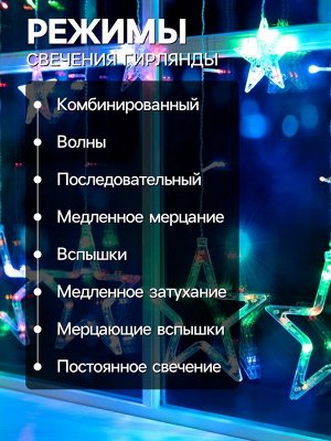 Гирлянда «Бахрома» 2.4x0.9 м с насадками «Звёзды», IP20, прозрачная нить, 138 LED, свечение мульти, 8 режимов, 220 В