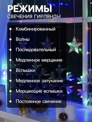 Гирлянда «Бахрома» 2.4x0.9 м с насадками «Снежинки», IP20, прозрачная нить, 150 LED, свечение мульти, 8 режимов, 220 В