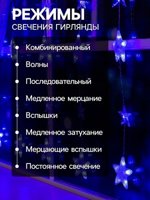 Гирлянда «Бахрома» 2.4x0.9 м с насадками «Звёздочки», IP20, прозрачная нить, 186 LED, свечение синее, 8 режимов, 220 В
