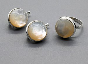 Кольцо и Серьги С925 с перламутром круг 17мм, размер 19, 12,1г