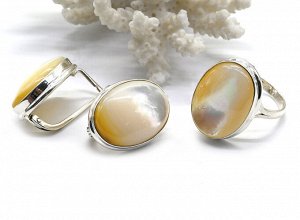 Кольцо и Серьги С925 с перламутром овал 17*22мм, размер 18, 14г