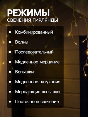 Гирлянда «Бахрома» 4x0.6 м, IP44, прозрачная нить, 180 LED, свечение тёплое белое, 8 режимов, 220 В