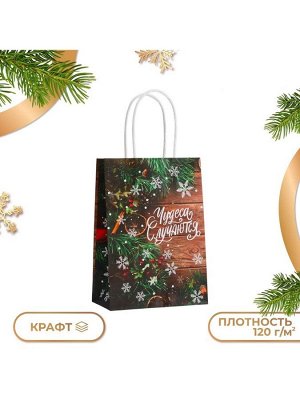 Пакет бумажный подарочный новогодний крафт «Чудеса» 15x21x8 см