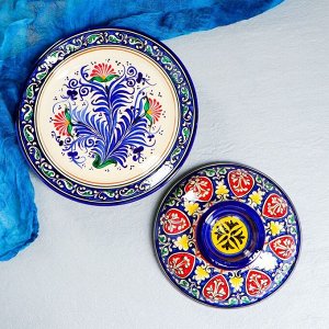 Блинница Риштанская Керамика "Цветы", 26 см, синий