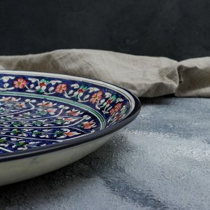 Ляган узбекский Риштанская керамика "Цветы" для плова, 36 см, синий