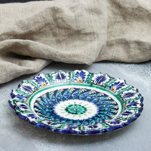 Тарелка Риштанская Керамика "Цветы", синяя, рильефная, 17см