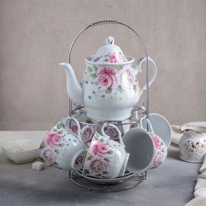 Набор чайный Доляна «Томная роза», на 6 персон, 13 предметов: 6 чайных пар 230 мл, чайник 1 л