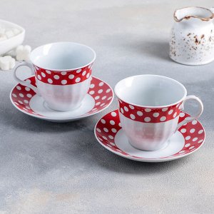 Сервиз чайный Доляна «Горох», 4 предмета: 2 чашки 210 мл, 2 блюдца, цвет красный
