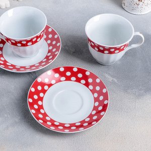 Сервиз чайный Доляна «Горох», 4 предмета: 2 чашки 210 мл, 2 блюдца, цвет красный