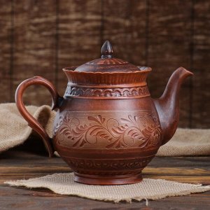 Чайный набор "Витязь" чайник-1 л и сахарница, роспись ангобом, красная глина, микс