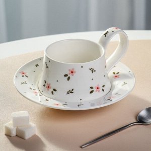 Чайная пара керамика, 2 предмета, на 1 персону, 250 мл, Английский стиль, розовые цветы, ручная работа, блюдце 17х3 см, B060323