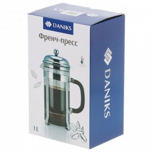 Френч-пресс 1 л, стекло, нержавеющая сталь, Daniks, Серебро