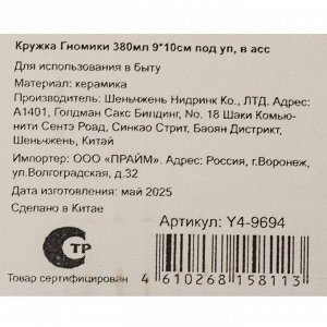 Кружка керамика, 380 мл, Гномики, 9х10 см, подарочная упаковка, Y4-9694