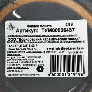 Чайник заварочный керамика, 0.8 л, Борисовская керамика, Соната, ТУМ00026437