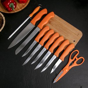 Набор ножей 8 предметов: на подставке 2?19,5/14,5/12,5/4?11,5 см, ножеточка, ножницы, цвет оранжевый