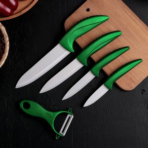 Набор кухонный «Сочная зелень», 5 предметов: 4 ножа 7,5 см, 10 см, 13 см, 15 см, овощечистка, на подставке, цвет зелёный