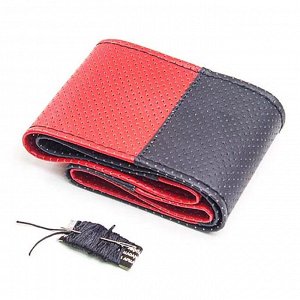 Набор для перетяжки руля CARFORT HANDMADE, экокожа, черный/красный цвет, размер M (37-39см), комплект (нить, игла)
