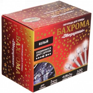 Гирлянда для улицы БАХРОМА "Мерцание" ш3м* в40/60см 100 ламп LED, прозр.провод,1 режим, IP-54, Белый (возможность соединения)