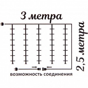 Гирлянда для улицы ЗАНАВЕС "Мерцание" ш3м* в2,5 м 480 ламп LED, белый.пров, 1 реж, IP-65, Теплый белый (возможность соединения)