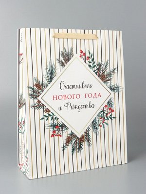 Пакет подарочный новогодний ламинированный «Счастливого Нового года и Рождества», 33x42x10 см