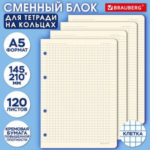 Сменный блок для тетради на кольцах А5 120 л., BRAUBERG, ПОВЫШЕННОЙ ПЛОТНОСТИ, кремовый, 403639