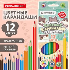 Карандаши цветные кросс-серия "МИЛЫЕ КОТЫ", 12 цветов, трехгранные, BRAUBERG, 182109