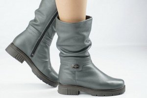 Женские полусапоги серые из натуральной кожи зима, подклад шерстяной мех
