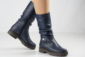 Женские полусапоги синие из натуральной кожи зима, подклад шерстяной мех