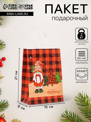 Пакет бумажный подарочный новогодний крафт «Дед Мороз» 15x21x8 см