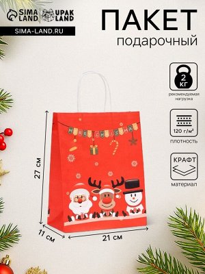 Пакет бумажный подарочный новогодний крафт «В ожидании Нового Года», 27x21x11 см