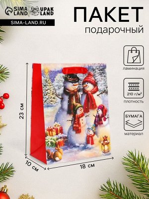 Пакет подарочный новогодний ламинированный «Снеговики»,18x23x10 см