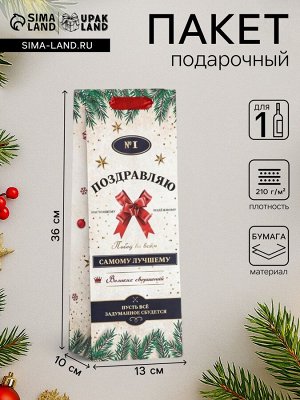 Пакет подарочный новогодний ламинированный под бутылку «Самому лучшему»,13x36x10 см