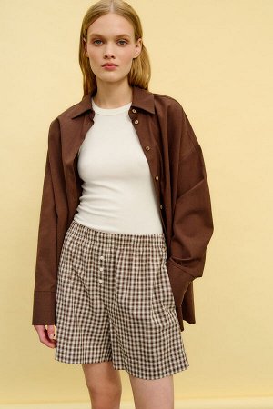 Шорты из хлопка в клеточку на резинке Цвет: коричневый