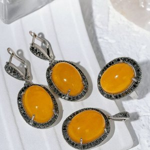 Комплект ювелирной бижутерии серьги, кулон и кольцо 20 р покрытие посеребрение, вставка: искусственный камень и фианиты, цвет: желтый и графитовый, арт.314.694-20