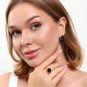 Комплект ювелирной бижутерии коллекция "Дубай" серьги и кольцо 18 р, покрытие позолота, вставка: фианиты, цвет: черный, арт.215.357-18