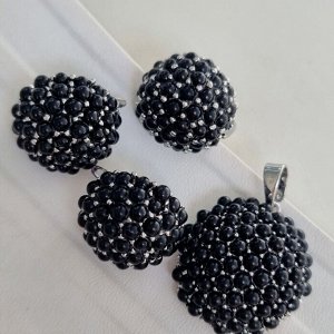 Комплект ювелирной бижутерии серьги, кулон и кольцо 20 р, покрытие: посеребрение, вставка: бусины, цвет: черный, арт.314.638-20