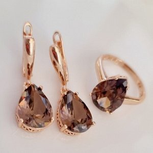 Комплект ювелирная бижутерия коллекция  "Дубай" серьги и кольцо 19 р, покрытие: позолота, вставка: фианит, цвет: бежево-коричневый, арт.313.084-19