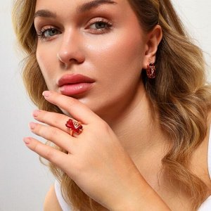 Комплект ювелирная бижутерия коллекция  "Дубай" серьги и кольцо 19 р, покрытие: позолота, вставка: фианит, цвет: малиновый, арт.314.756-19